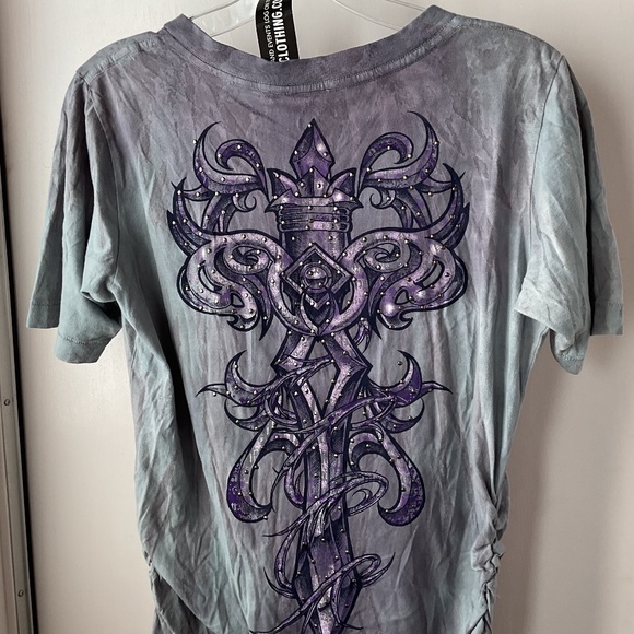 AFFLICTION Live Fast Ruched Sides Studs Detail V-Neck TEE NEW - Picture 7 of 16